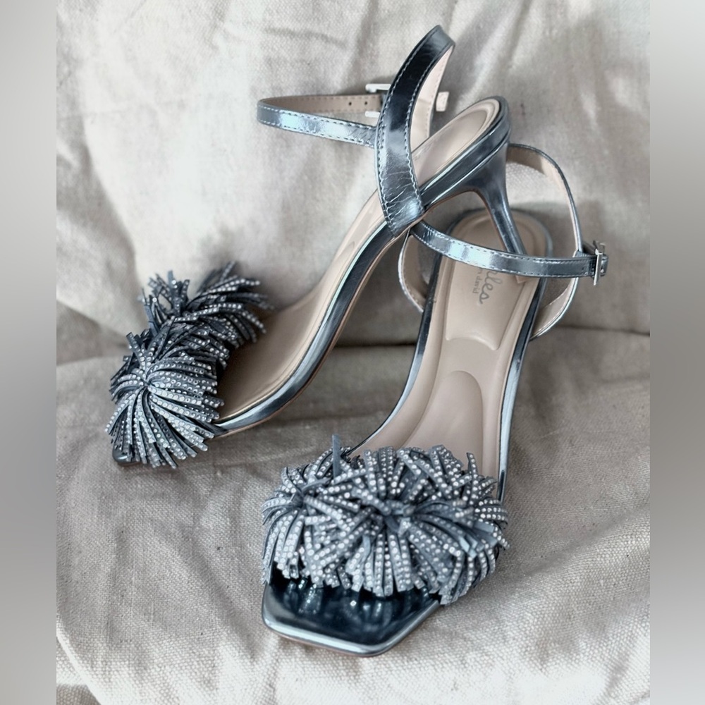 Charles By Charles David Silver Metallic Embellished Ankle-Strap Heels